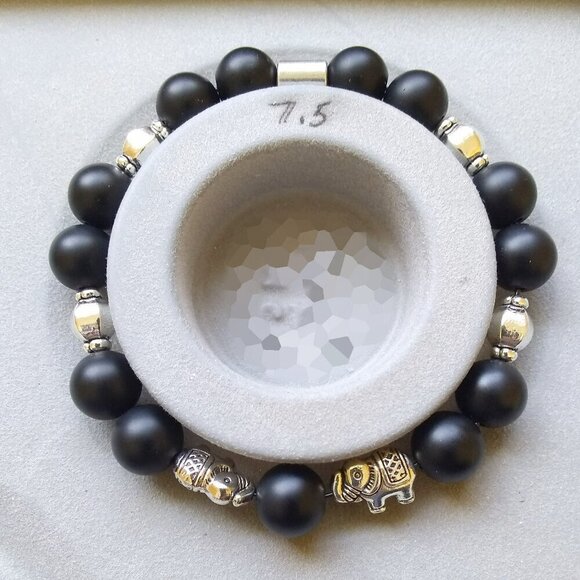 Chunky Black & Silver Elephant Lovers Stretch Bracelet - Black Stone Beads 7.5" - Picture 2 of 7